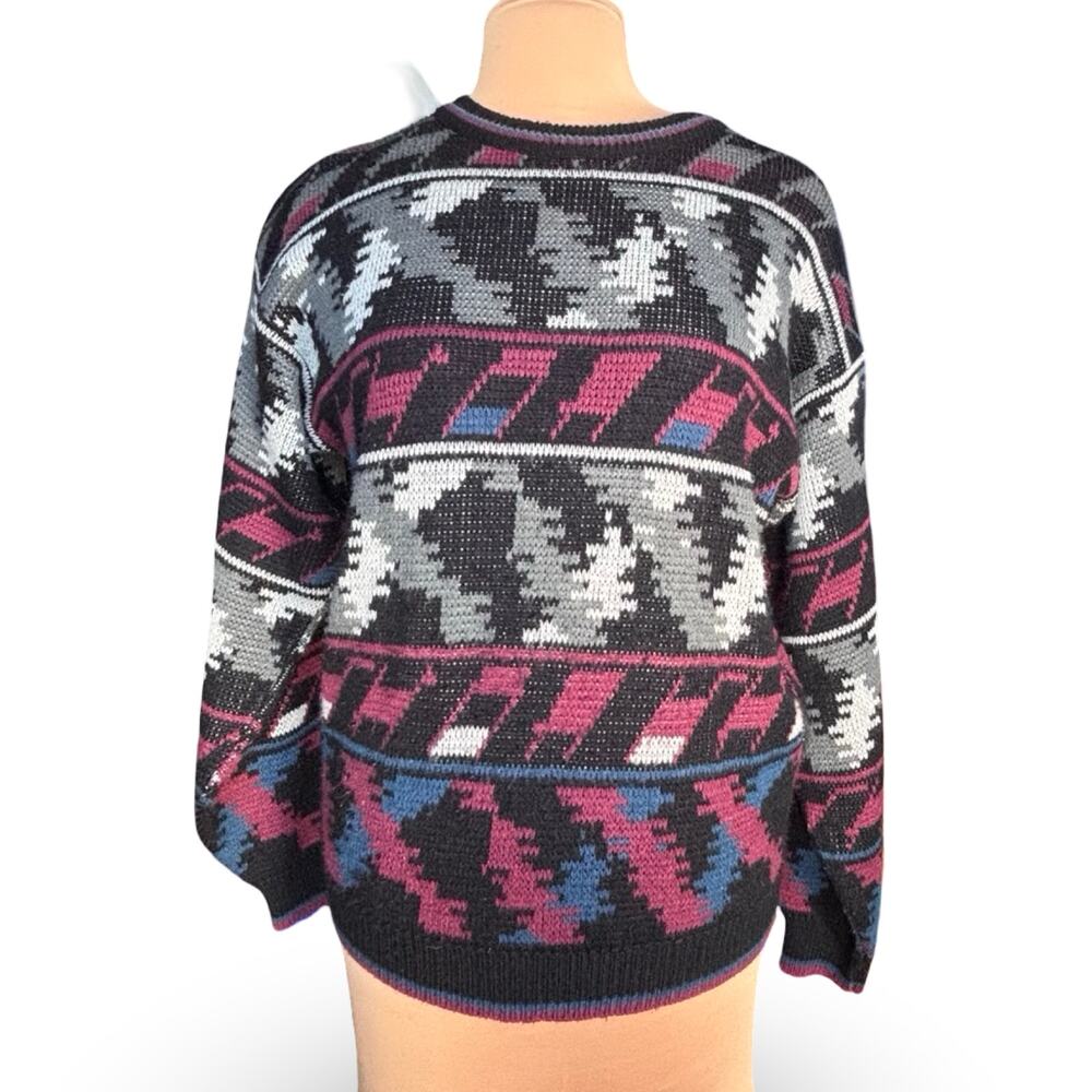 Vintage Abstract Southwestern Geometric Sweater Medium Korea Black Gray Purple